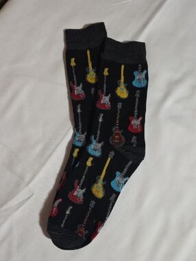 Men's Black Guitar Pattern Crew Socks